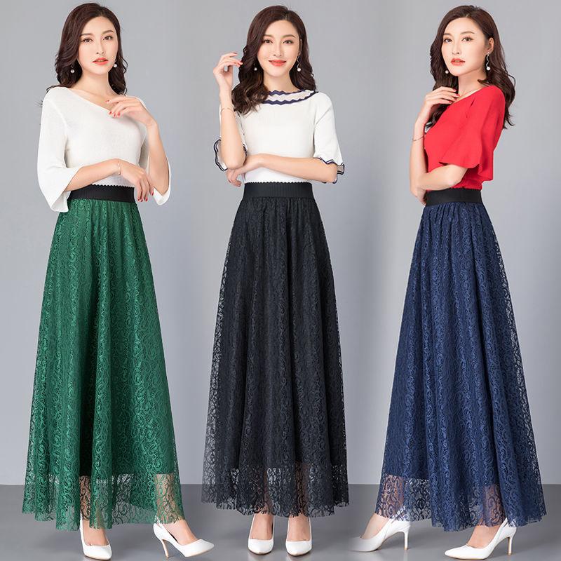 Универсальная длинная юбка трапеции большого размера, женская весенне-осенняя кружевная эластичная юбка средней длины с высокой талией