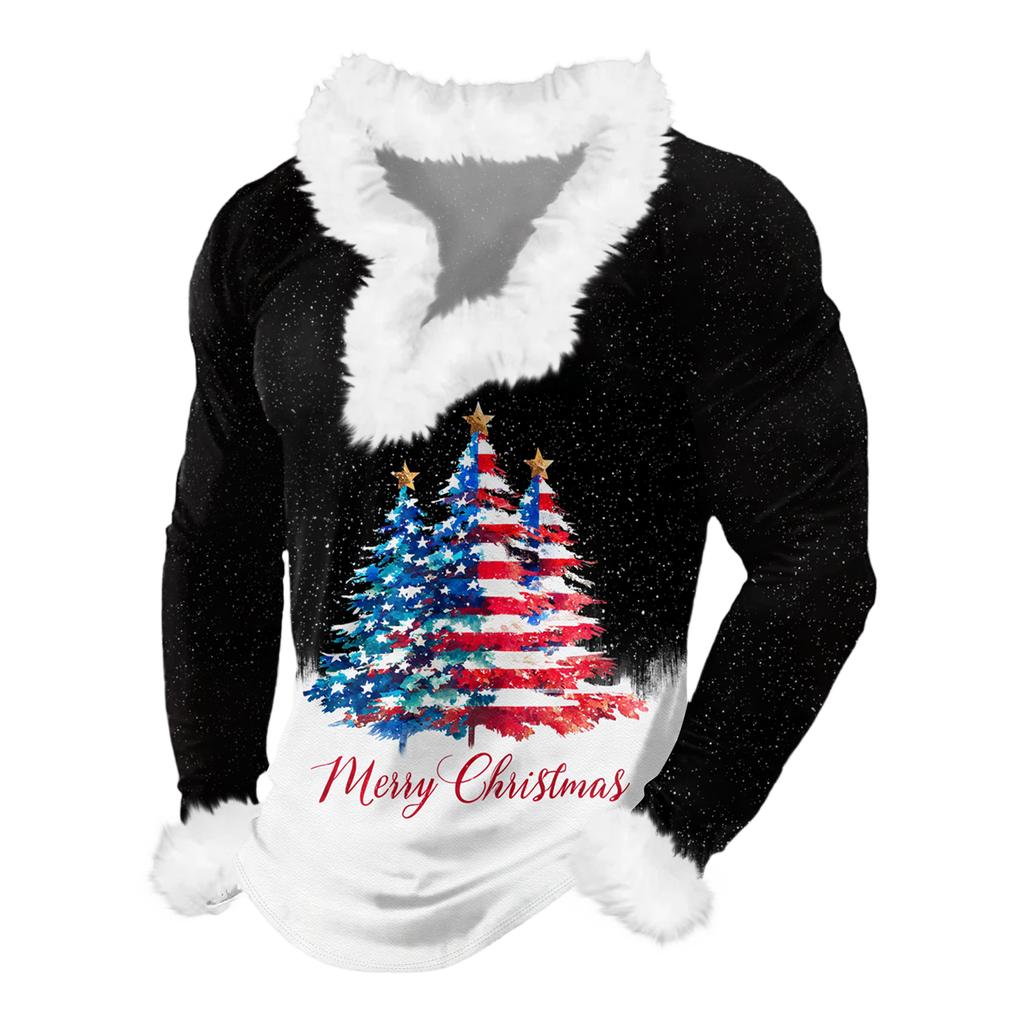 Мужской повседневный рождественский плюшевый свитшот с V-образным вырезом и длинными рукавами из флиса