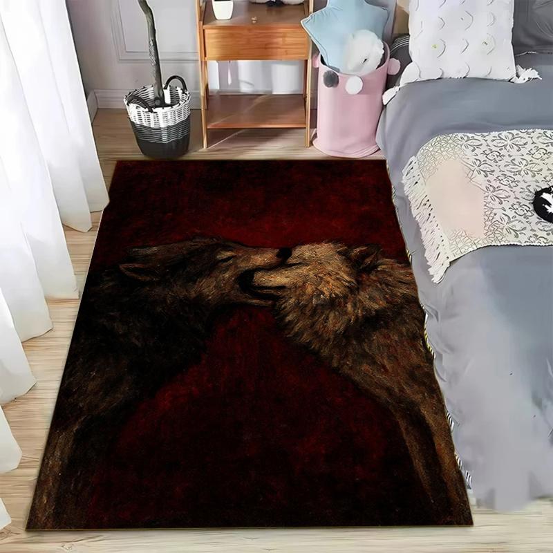 Gothic Dark Rope Heart Two Wolves Area Rug Dark Living Room Carpet Non Slip Floormat for Hallway Entryway Washable Retro Style