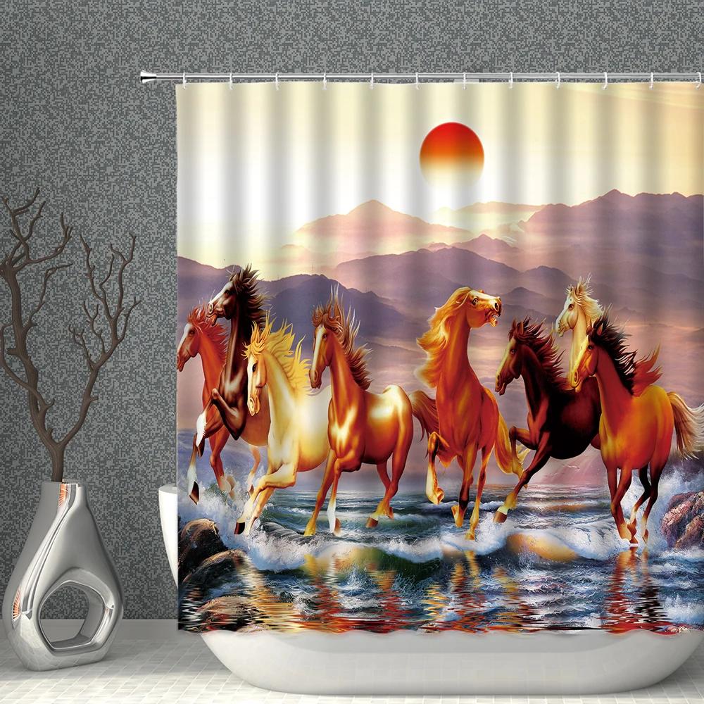 Chinese Style Shower Curtains Waterproof Fabric Flower Bird Eagle Horse Bathroom Curtain With Hooks Bath Screen Home Decoration