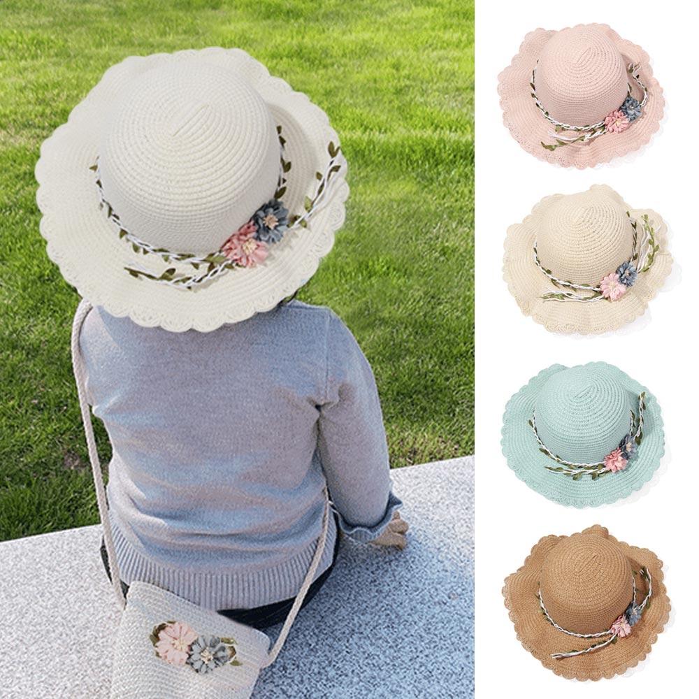 Cute Sun Beach Straw Weaving Girls Summer Hat Flower Sunshade Caps Wide Brim Hats Shoulder Bag