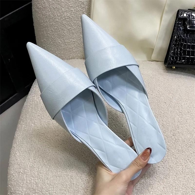 Fashion Splicing Shallow Mule Women Slippers Elegant Pointed Toe Thin Low Heels Party Dress Ladies Shoes