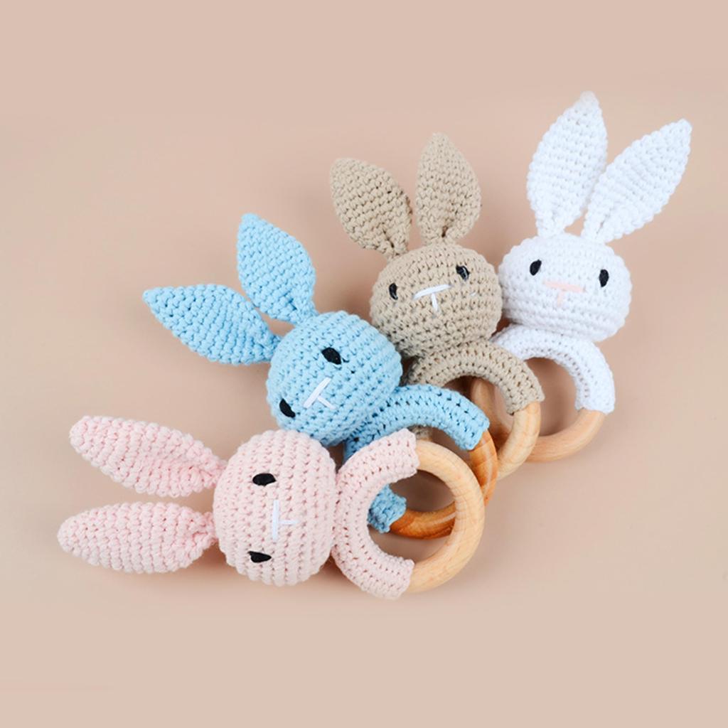 Shinse Rattle Stuffed Animal Crochet Toy Bell Holder Brain Development Animal Wooden Beechwood Prevents Licking Fingers Toddler Baby Newborn Gift