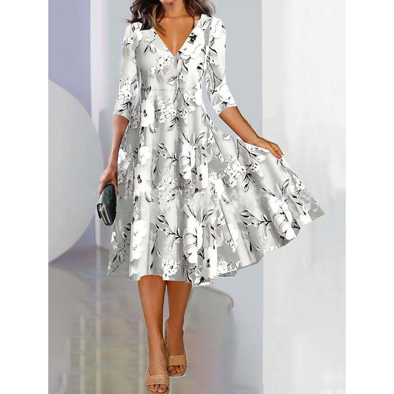 Women Spring Summer Flower Pattern Print V-Neck High Waist Casual Dresses