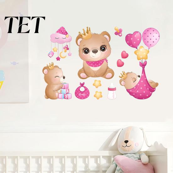 Removable Wall Art for Living Room Cute Bear Stickers Kids Room, PVC Waterproof Cartoon Animal Balcony Decals, Mural Nursery Bedroom Decor Self