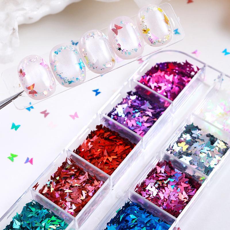 3D Butterfly Nail Glitter Flakes Holographic Iridescent Sequins 1 Set for Summer Beach Themed Nail Art Design