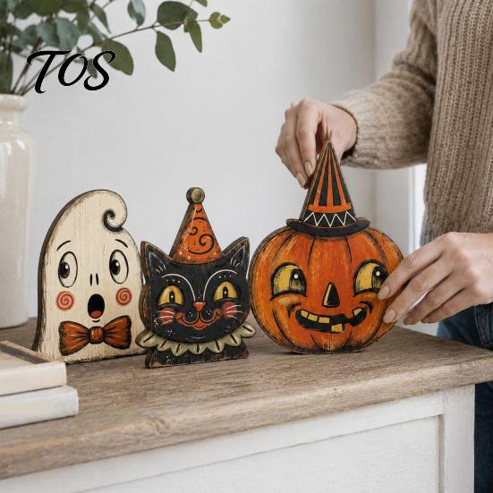 Decorative Figurines for Shelves Halloween Tiered Tray Decorations, Wooden Tabletop Ornaments, Vintage Centerpiece Style Desktop Ornaments Home