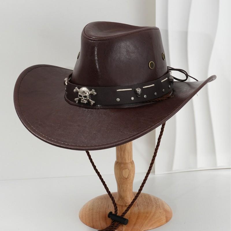 PU Leather Cowboy Hat Unique 3D Skull Rivet Decor Adjustable Party Birthday