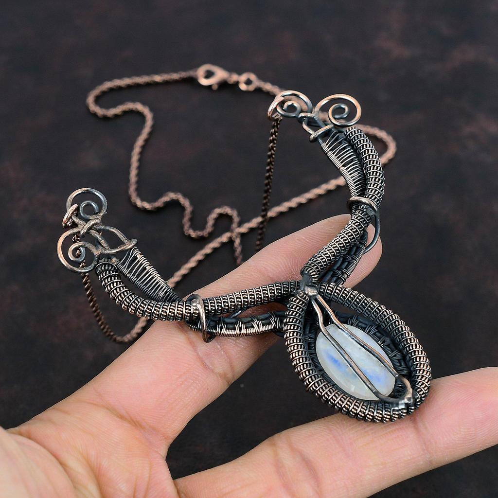 Ожерелье из радужного лунного камня Ожерелье из медной проволоки Ожерелье из натурального драгоценного камня Дизайнерские украшения Ожерелье ручной работы Медные украшения для подарка