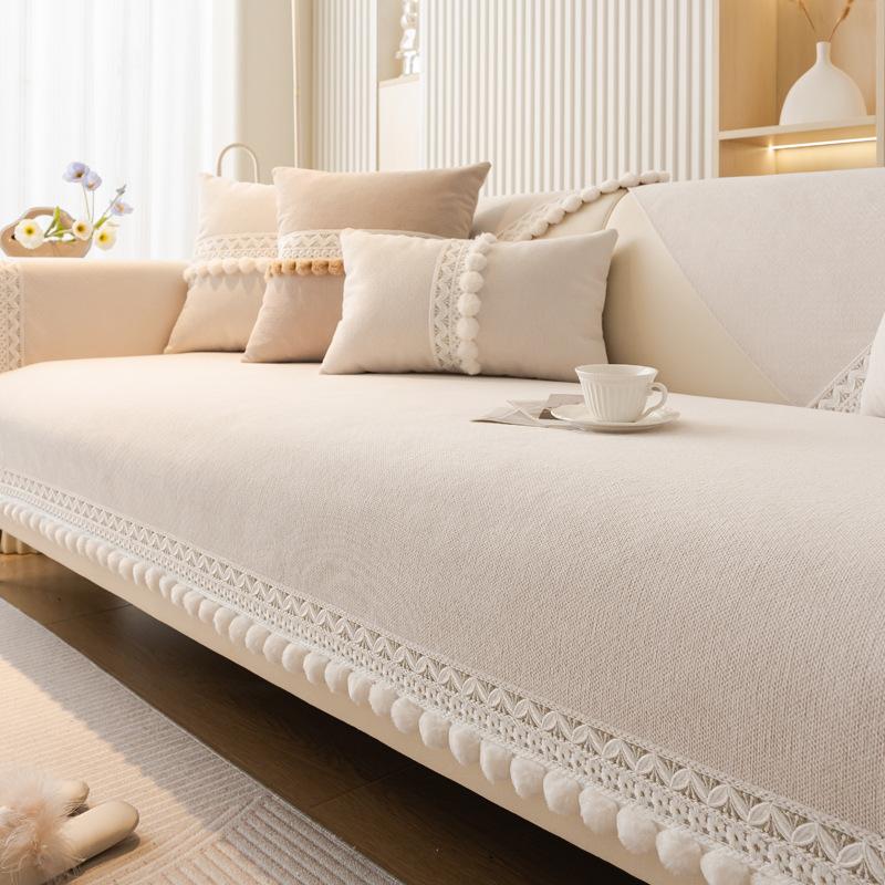 Chenier Sofa Cushion, All-Season Non-Slip Seat Cushion Ins Cream Wind Straight Row Three-Person Leather Sofa Cover Towel