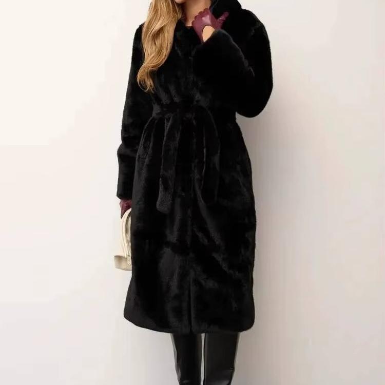 TrendHub New Imitation Mink Fur Coat Women's Winter Long Hooded Belted Faux Jacket