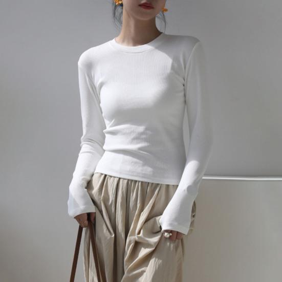 Женская футболка с круглым вырезом и длинным рукавом, облегающая футболка, однотонная, легкая, универсальная, топы, одежда для отдыха