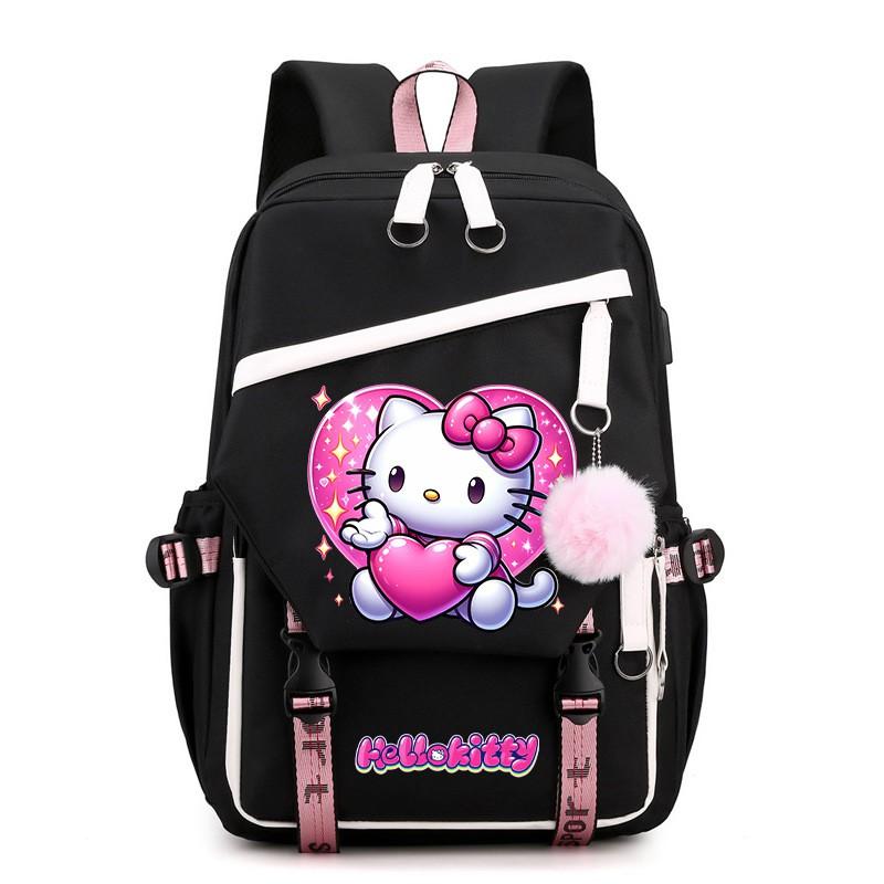 Kitty Cartoon School Backpack Teen Girls Kids Lightweight Oxford Fabric Bookbag With Padded Shoulder Straps 20-35L Capacity