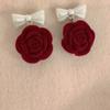 Autumn Winter Vintage Temperament Bow Japanese Korean Niche Red Flocking Rose Earrings Jewelry Gift