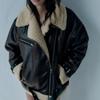Autumn Winter Women's Faux Leather Double Faced Jacket Lapel Long Sleeves Faux Shearling Lining Thickened Warm Jacket Coat