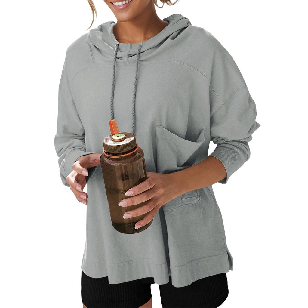Женские негабаритные толстовки с длинными рукавами, повседневная свободная толстовка с капюшоном и завязками с боковыми разрезами для тренировок