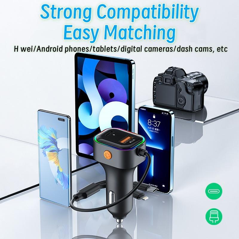 A One Meter Long 2-in-1 Car Charger Can Charge Four Devices Simultaneously and Switch Between Seven Color Ambient Lighting Color