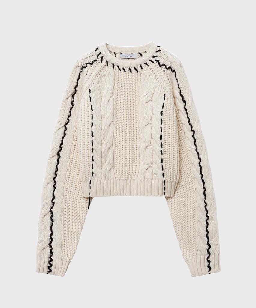 NOIRER FOR WOMAN Handmade Cable Crop Sweater (Ivory)