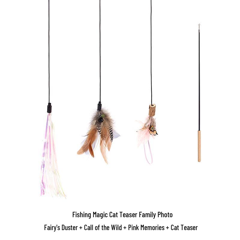 Retractable Cat Fishing Rod with Feather Teaser and Bite-Resistant Replacement Head for Self-Play and Boredom Relief.