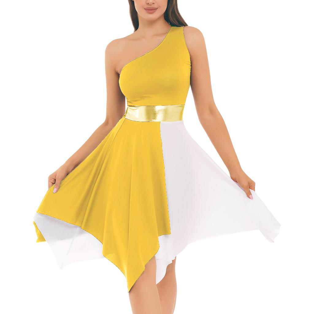 Женское танцевальное платье на одно плечо с цветными блоками, лоскутное платье без рукавов с асимметричным подолом, танцевальная одежда