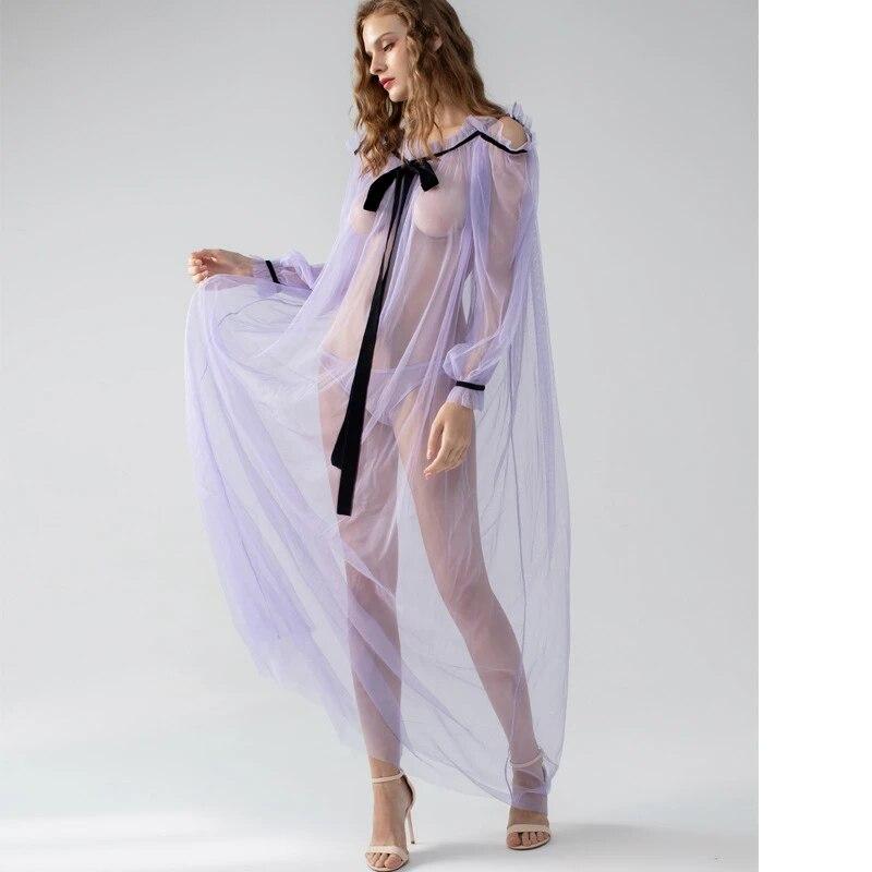 French Vintage Princess Sleepwear Women See Through Long Pajama Nightdress Fairy Ruffles Lace  Off The Shoulder Nightgowns