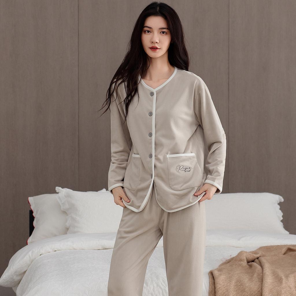 Pajamas Women'S Autumn And Winter Fleece Thickened Coral Fleece Can Be Worn Outside Island Fleece Loungewear Thin Fleece Set