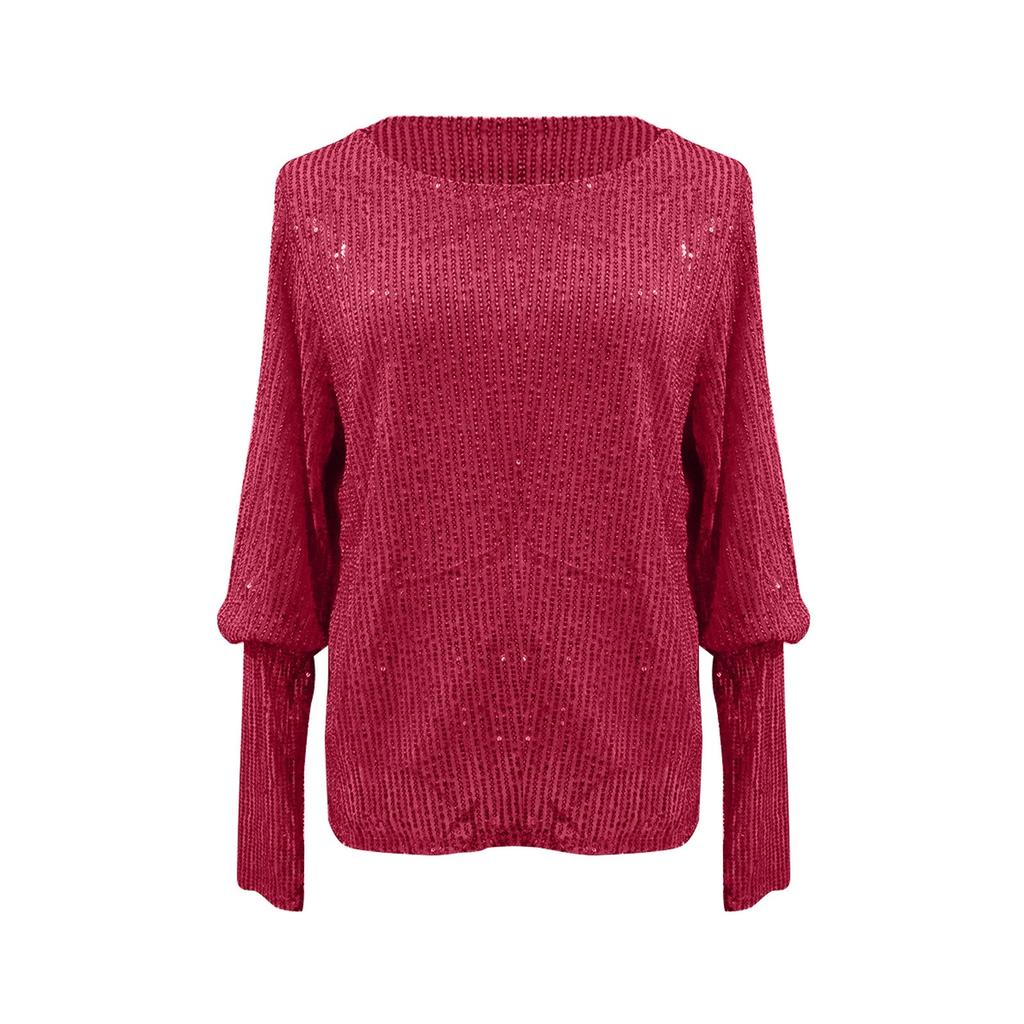 Модные свободные женские топы с длинным рукавом и круглым вырезом, расшитые блестками