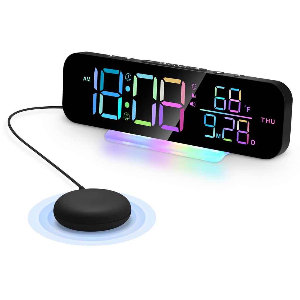 GS-G9 Dynamic RGB Large Display LED Digital Alarm Clock Calendar Desk Clock with Vibration Pad