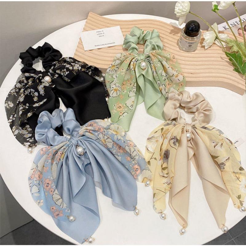 Элегантный принт, длинные резинки для волос с лентой для женщин, эластичный атласный шарф для хвоста, банты для волос для девочек с жемчужной резинкой для волос в стиле бохо