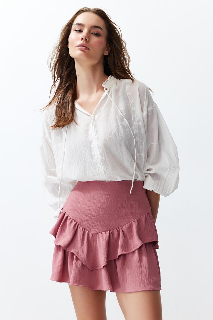 Women's Fashion Black Chiffon Fabric Ruffle Detailed Mini Length Woven Skirt