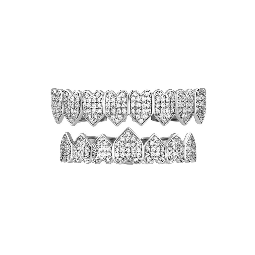 New Stock Hiphop CZ Paved Zircon Grillz 18Gold Teeth Decoration Brass Grills with Heart Shape Men Specially Designed for Gift
