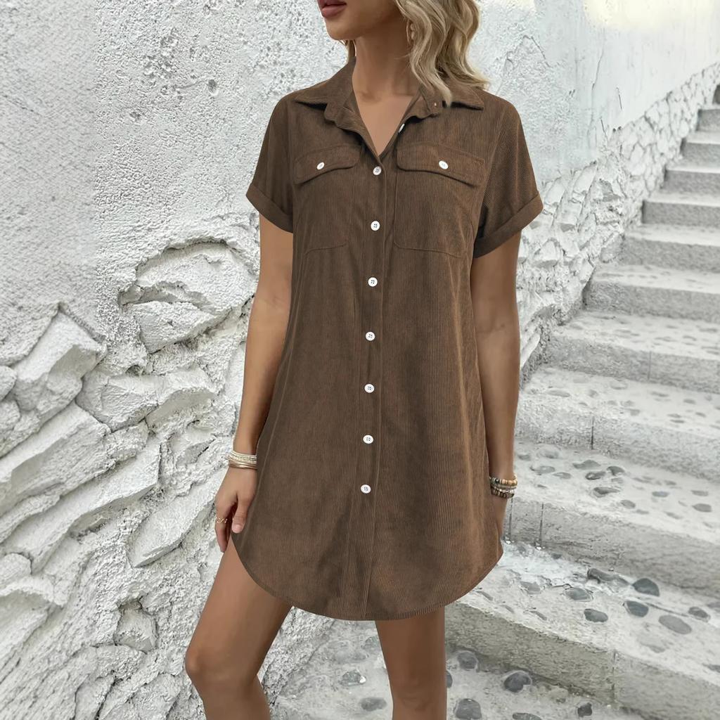 Amazon European and American Plus Size Spring/Summer Casual Corduroy Shirt Dress Loose Straight Cut Short Sleeve Lapel Dress for Women