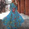 Women Maxi Dress Flower Print A-line Big Swing High Waist Round Neck Half Sleeve Pleated Soft Breathable Spring Fall Evening Dress