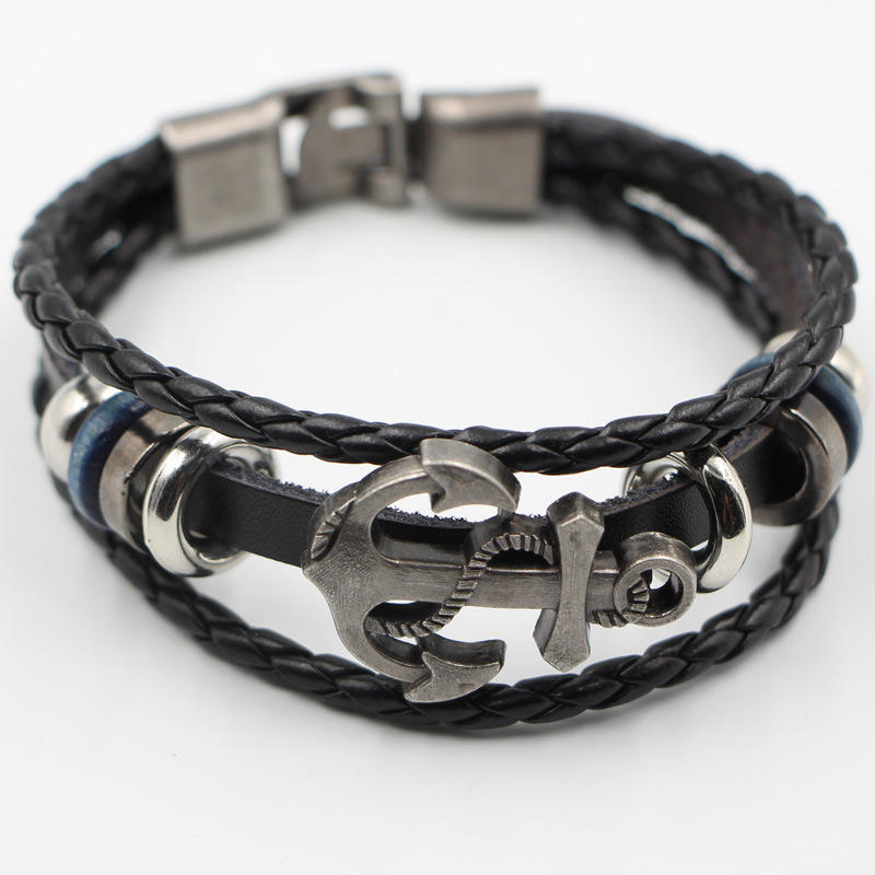 Men Fashion Cool PU Metal Anchor Bracelet Wristband Gifts Jewelry AVE