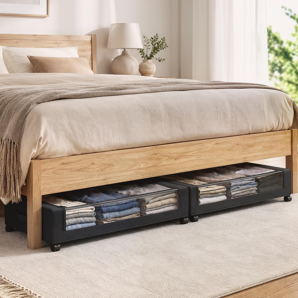 Under-Bed Storage Box on Wheels, Set of 2, 40 L, 78 x 44 x 16 cm, Black