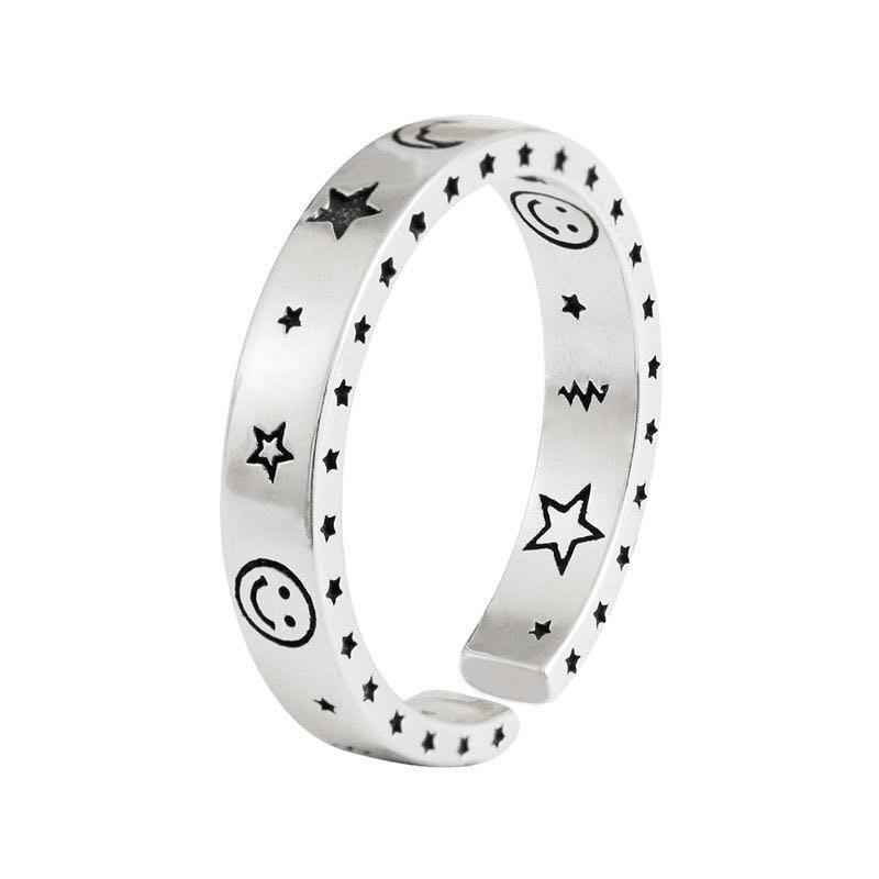 Fashion open ring actress month, smiley face, five-pointed star, personalized niche couple ring jewelry