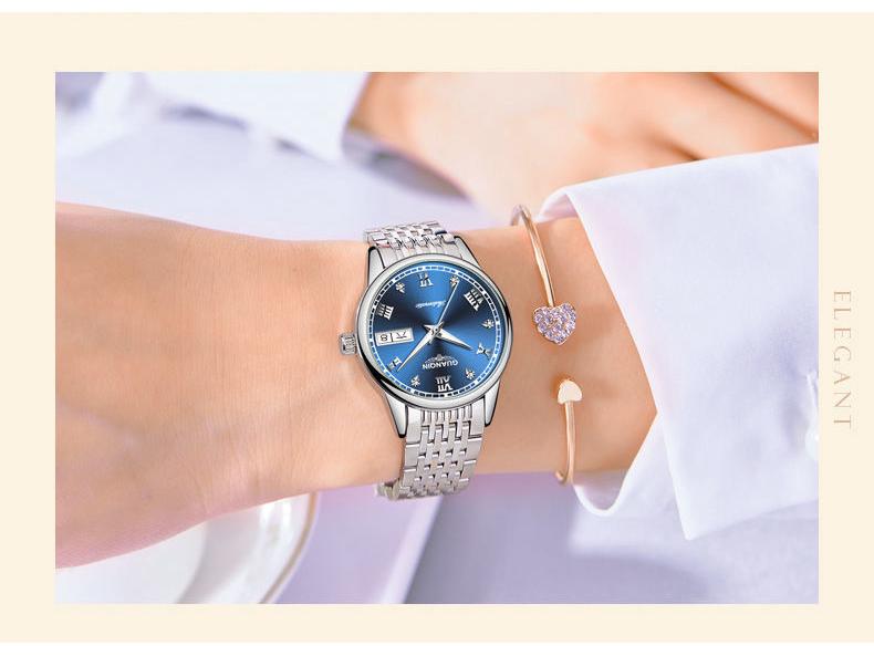 Женские минималистичные водонепроницаемые часы со швейцарскими стразами, двойным календарем, люминесцентным циферблатом и стальным браслетом.
