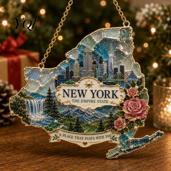 Indoor Outdoor Xmas Hanging Ornaments State Heritage Christmas Ornaments, Acrylic Sea Glass America States Tree Pendant Decoration for Tree,