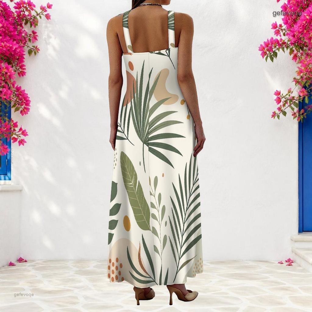 Women Plus Size Scoop Neck Strappy Sleeveless Fruit Leaf Printed A Line Maxi Dress