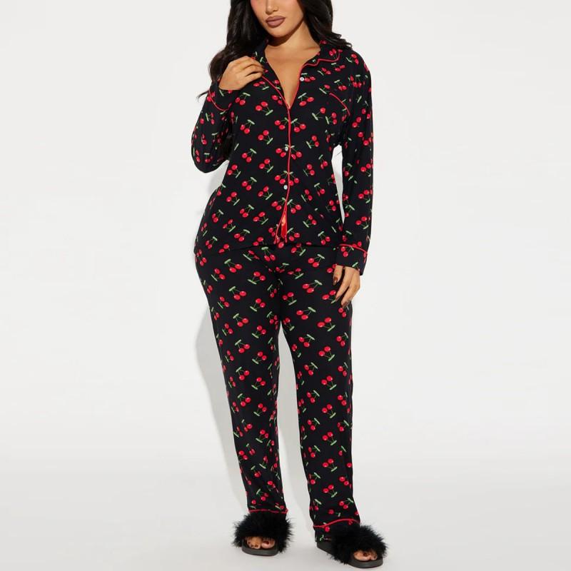 Womens Pajama Set With Print Collar Long Sleeve Top Pants Soft Milk Silk Sleepwear Home Hotel