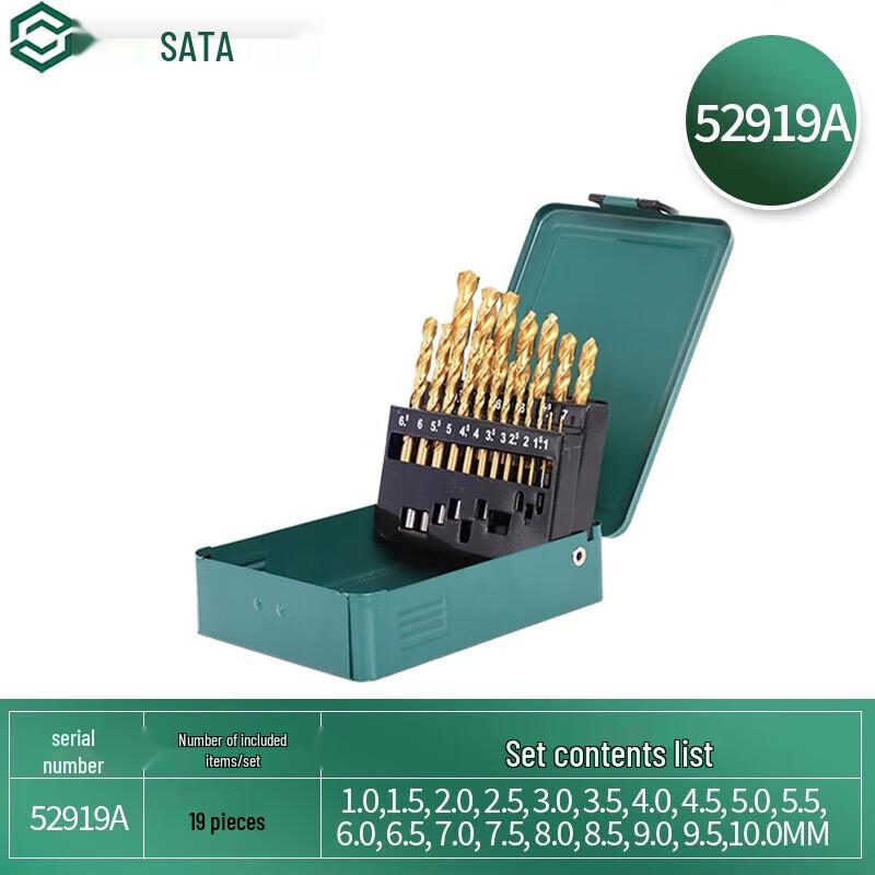 SATA Набор из 19 титано-покрытых спиральных сверл по металлу HSS