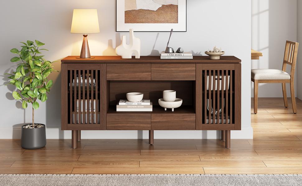 140×35×71cm MDF, Side Cabinet, Living Room Sideboard with 4 Drawers & 2 Slatted Doors, 5 Solid Wood Legs, up to 70kg Load Capacity, Walnut Colour