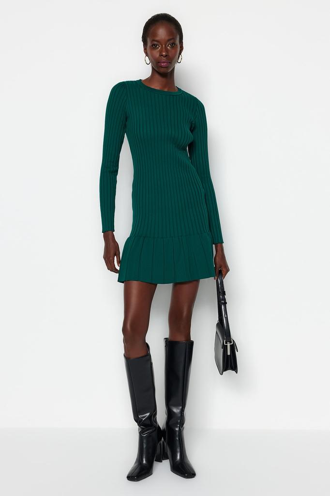 Women's Fashion New Dress Emerald Green Mini Knitwear Crew Neck Dress