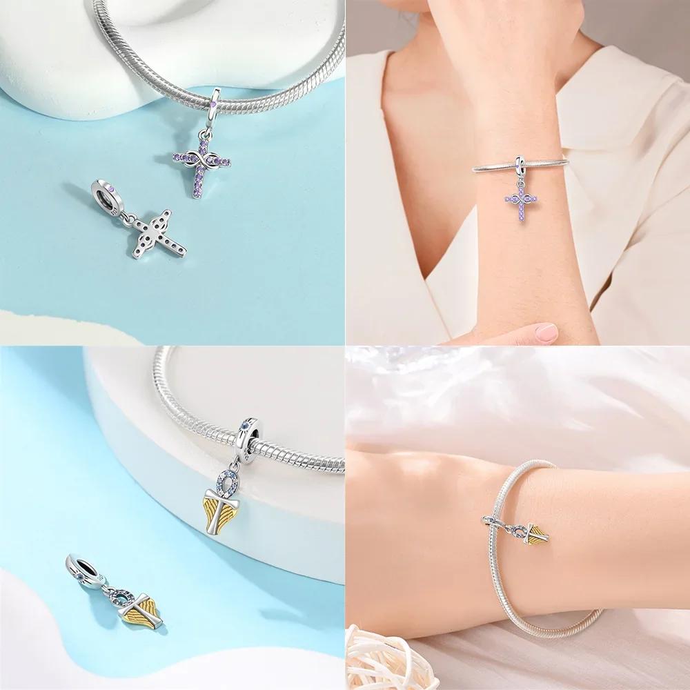 Blue Copper Beads Zircon Sunflower Purple Blue Cross Charms Fit Original Pendant Bracelet Women Jewelry