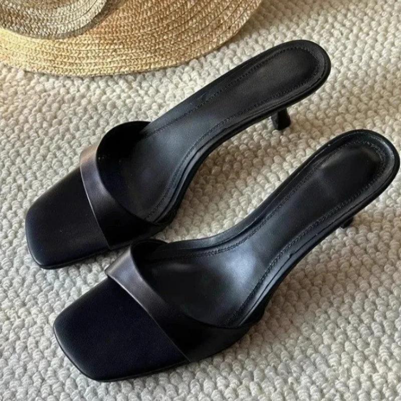 Мода 2024 года, лето, новые женские тапочки с квадратным носком, модные простые туфли на высоком каблуке с открытым носком, повседневные женские сандалии для банкета и вечеринки