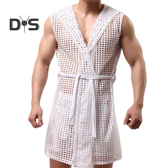 Men Sexy Hooded Nightgown Sleeveless Solid Color Hollow Out Mesh Summer Loungewear Lace-up Night Robe Homewear