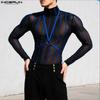 Men Turtleneck Long Sleeve See Through Bandage Party Club T-shirts Tee