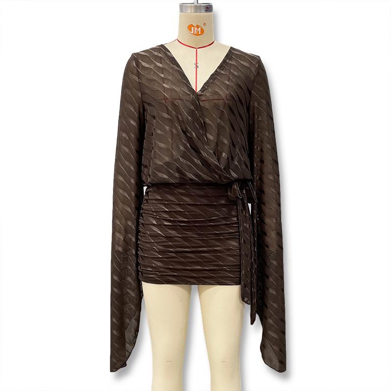 Autumn European and American style new fashion temperament sexy deep V wavy horn sleeve slim hip wrap dress
