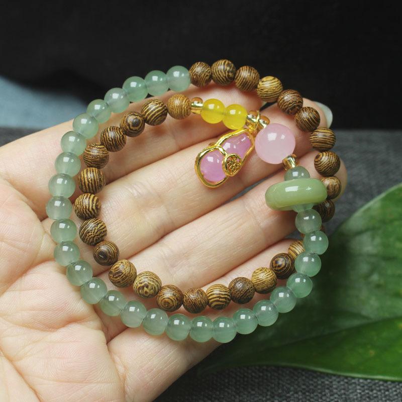 Women Wooden Bead Bracelet 6mm Double Layer Chicken Wing Wood Gourd Charm Hand Ornament
