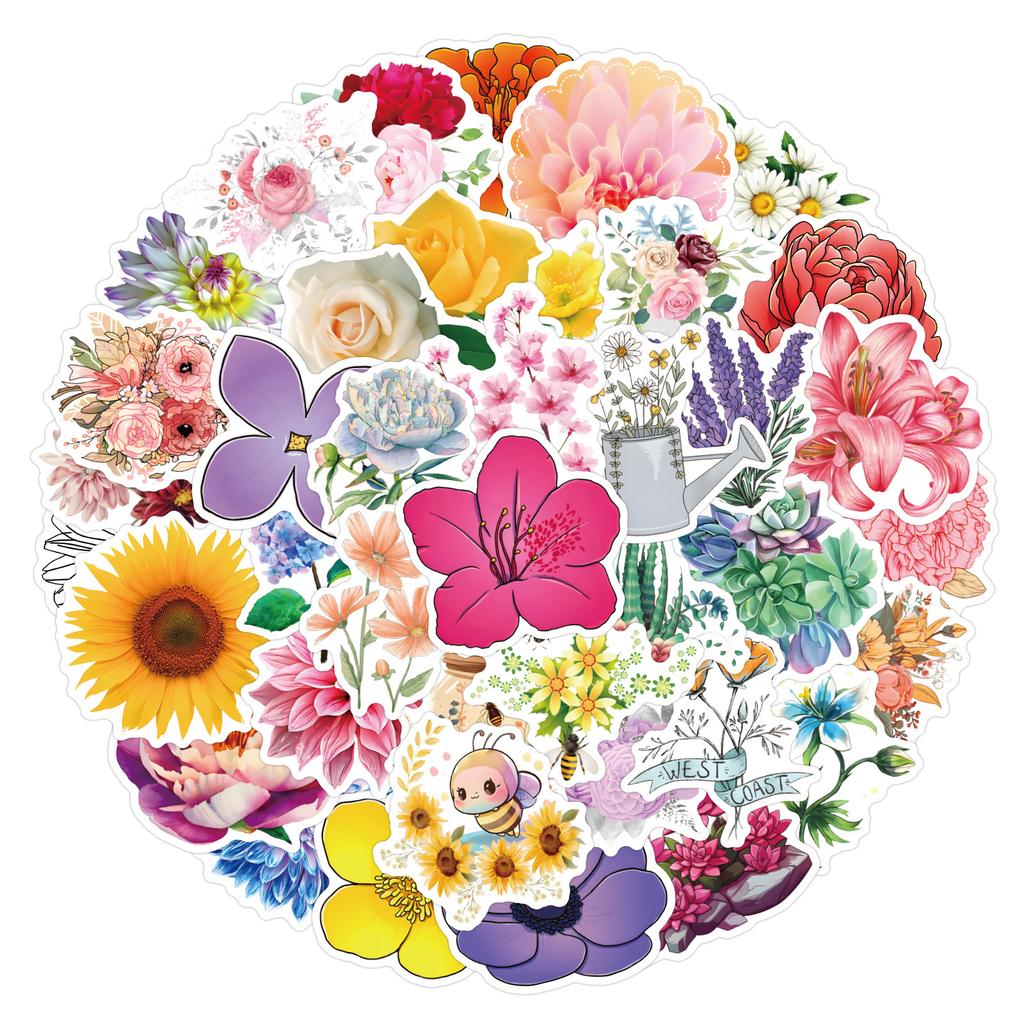 50 New Styles of Floral Flowers Doodle Stickers Decorative Notebook Guitar Suitcase Waterproof Stickers